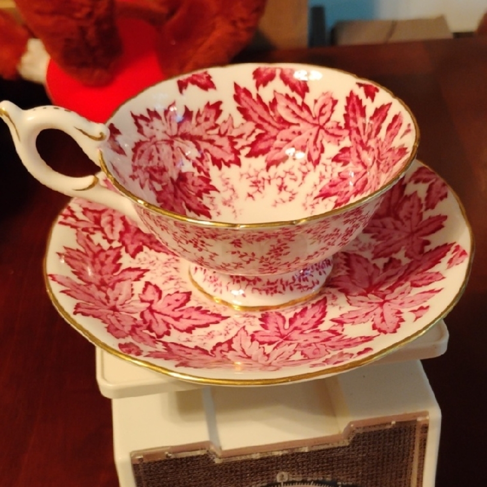 COALPORT Tea Cup and Saucer Ivy Pink Chintz Pattern, England 1940s